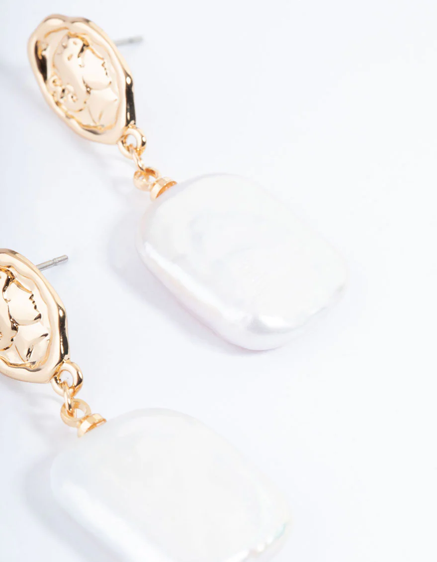 Gold Plated Oval Coin & Freshwater Pearl Drop Earrings - Image 3