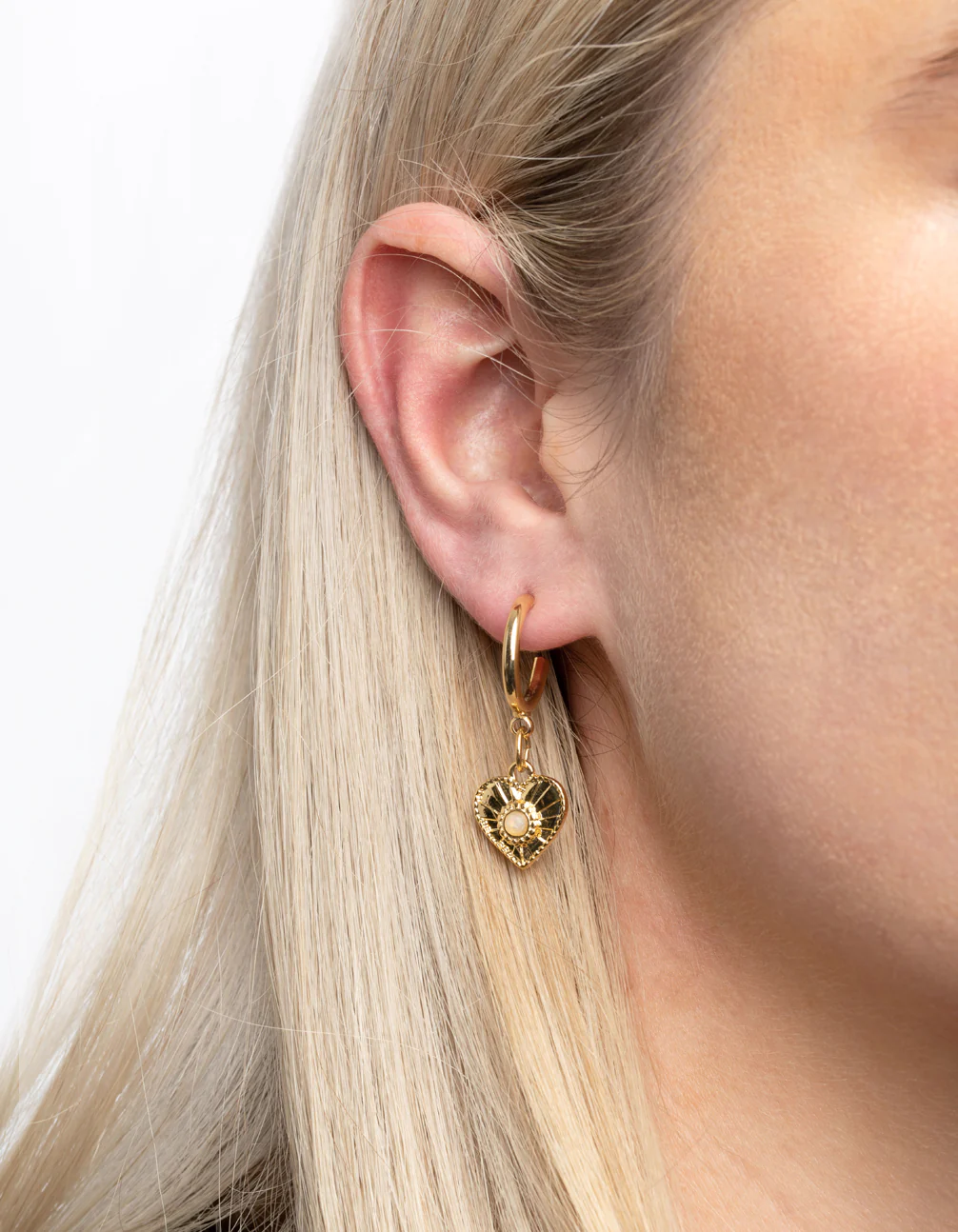 Gold Plated Rose Quartz Heart Hoop Earrings - Image 2