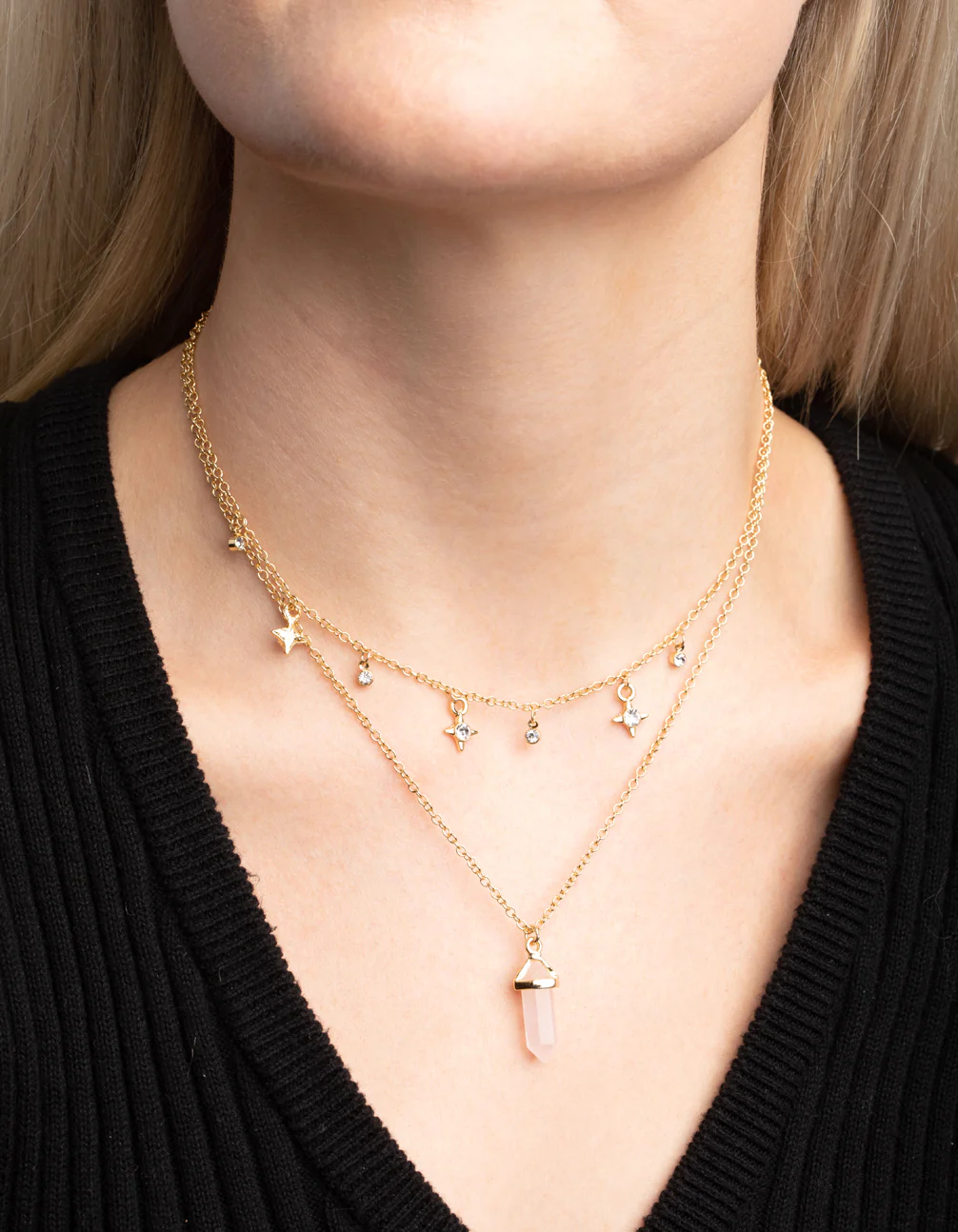 Gold Plated Star & Rose Quartz Layered Necklace - Image 2