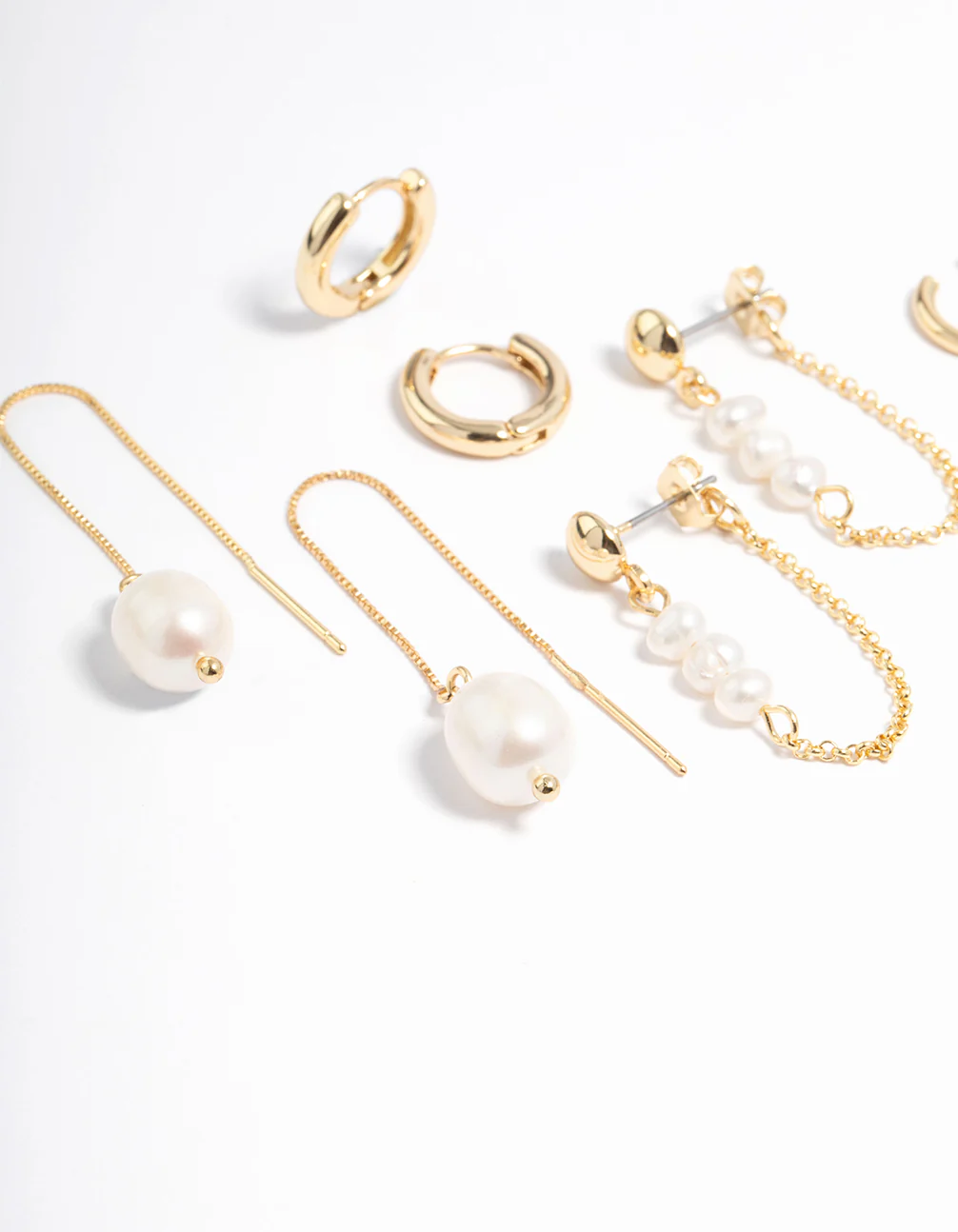 Gold Plated Freshwater Pearl Threader Huggie Earrings 4-Pack - Image 2