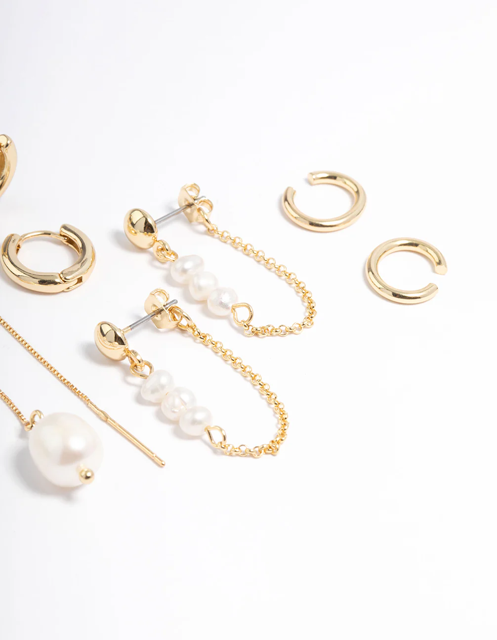 Gold Plated Freshwater Pearl Threader Huggie Earrings 4-Pack - Image 3
