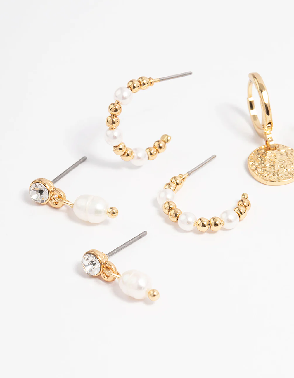 Gold Plated Hammered Diamante & Freshwater Pearl Earring 4-Pack - Image 2