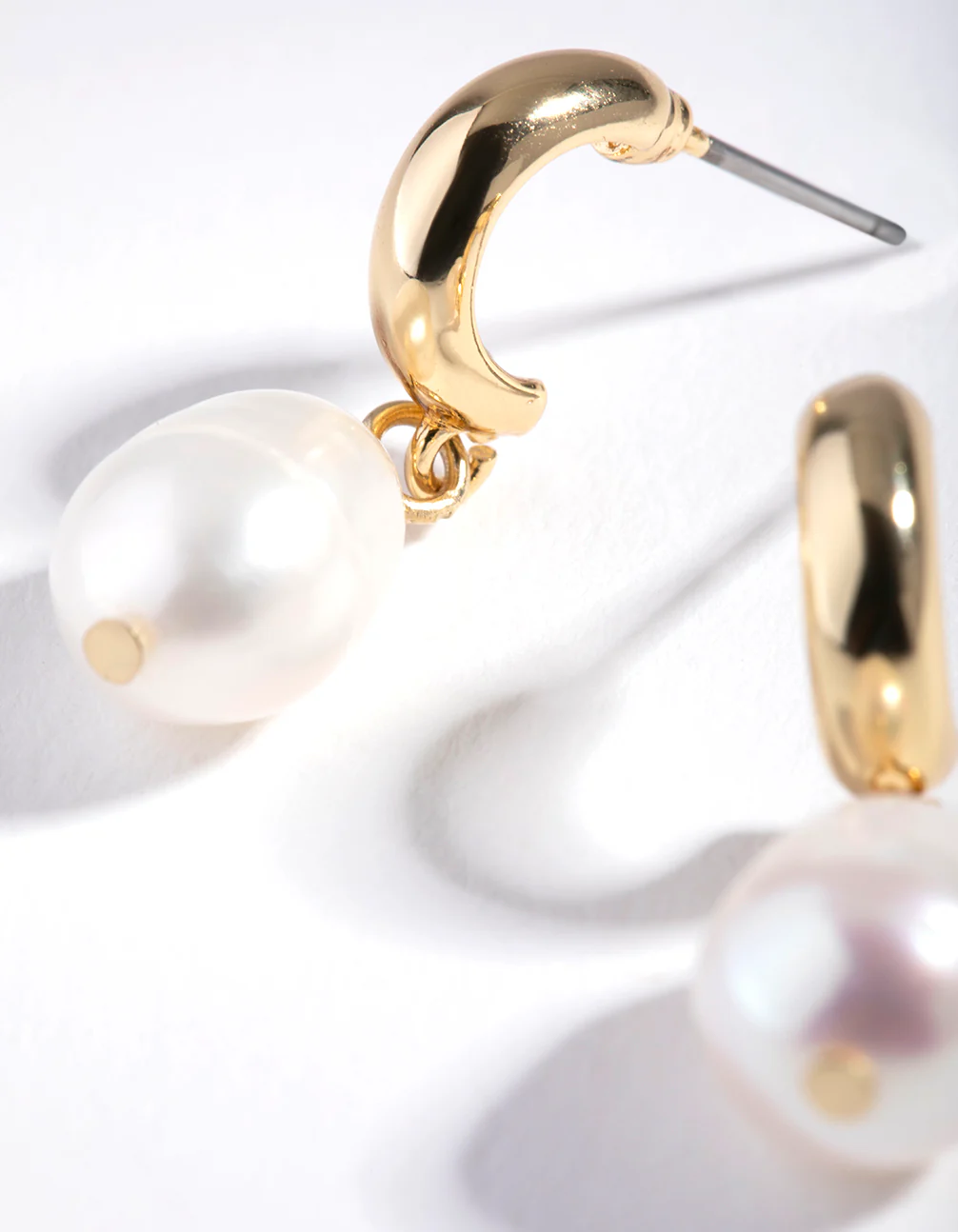 Gold Freshwater Pearl Drop Huggie Earrings - Image 2