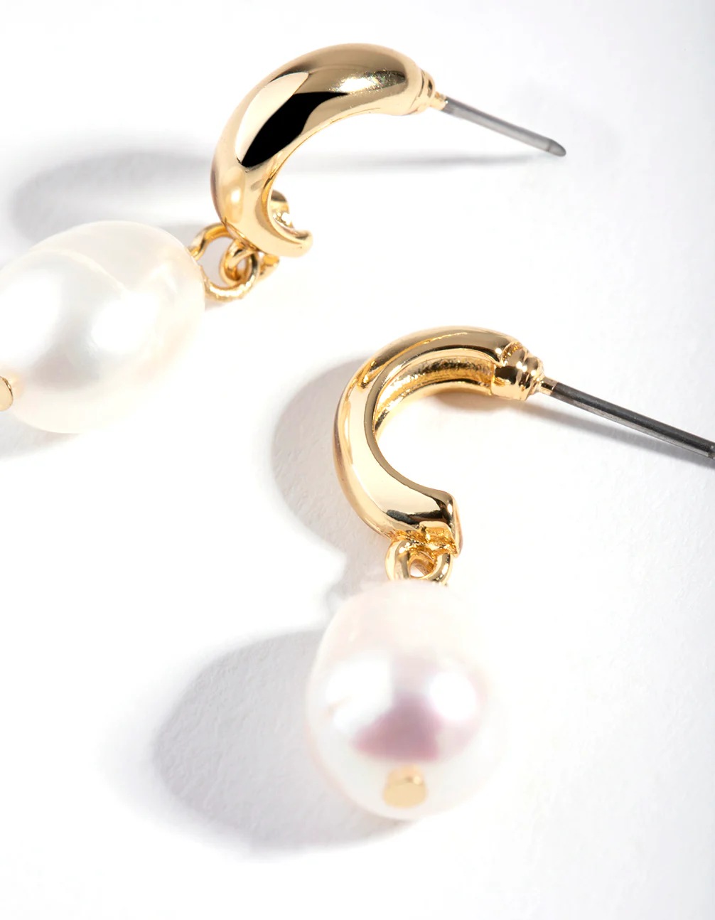 Gold Freshwater Pearl Drop Huggie Earrings - Image 3