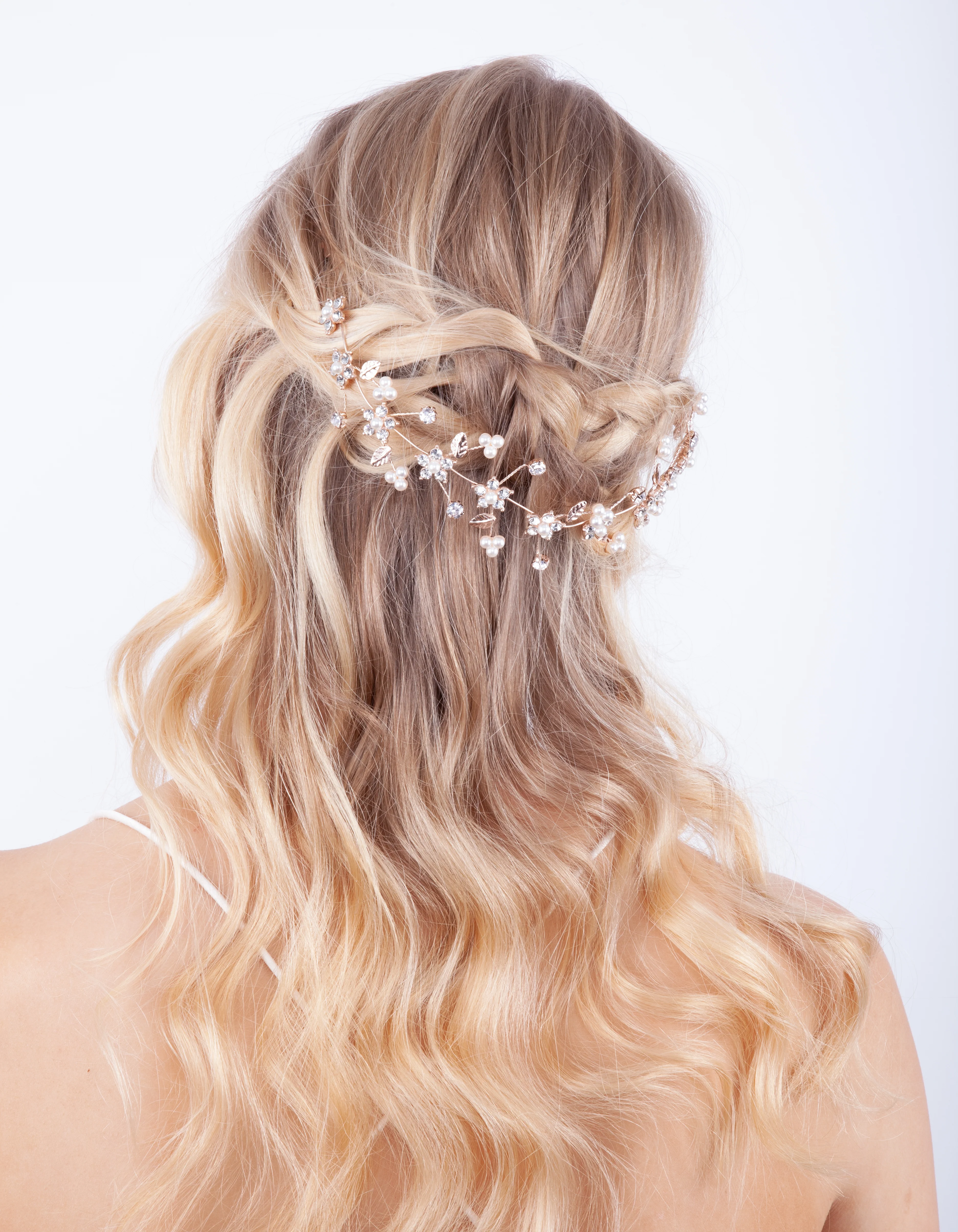 Rose Gold Diamante Flower Pearl Hair Vine - Image 2
