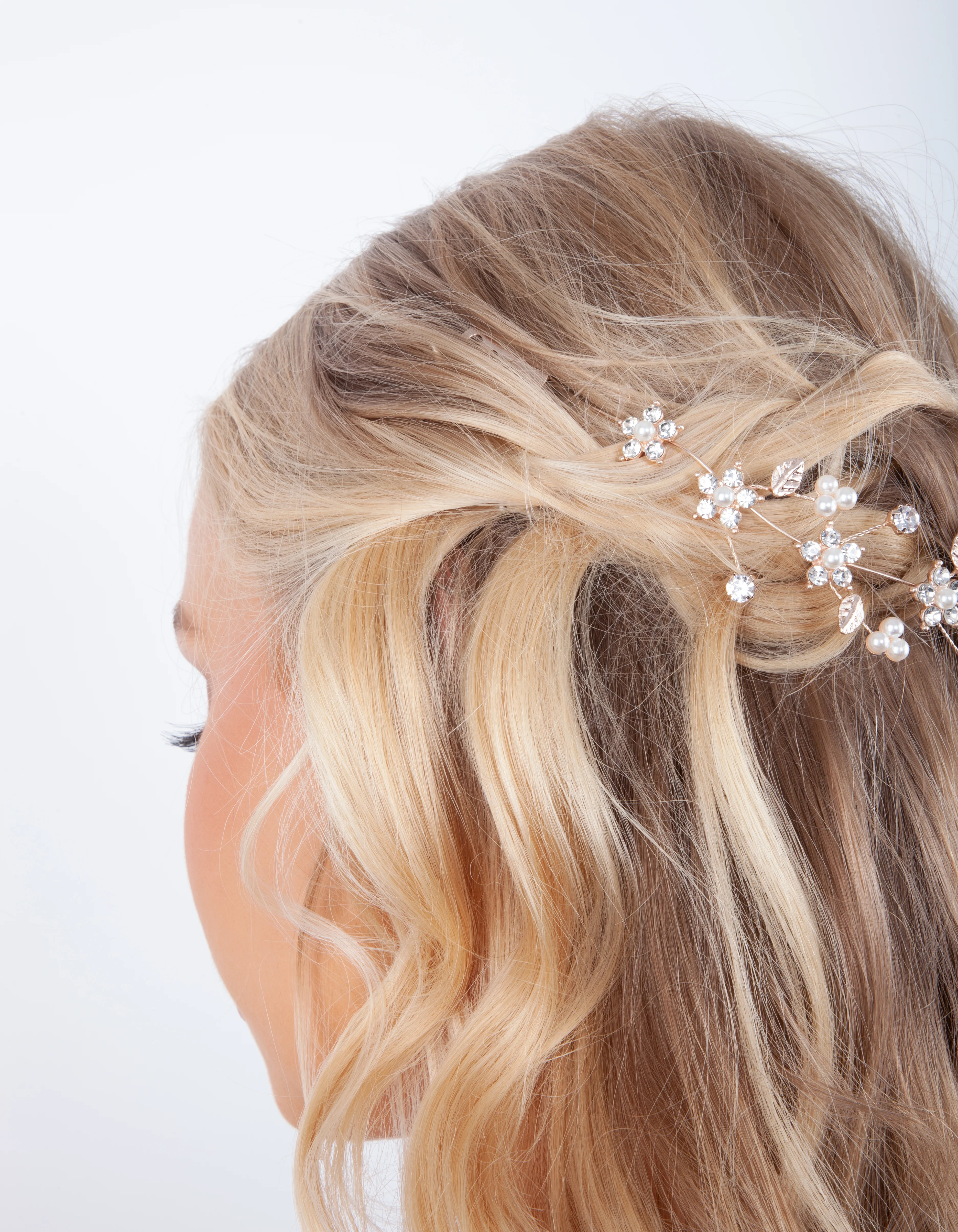 Rose Gold Diamante Flower Pearl Hair Vine - Image 3