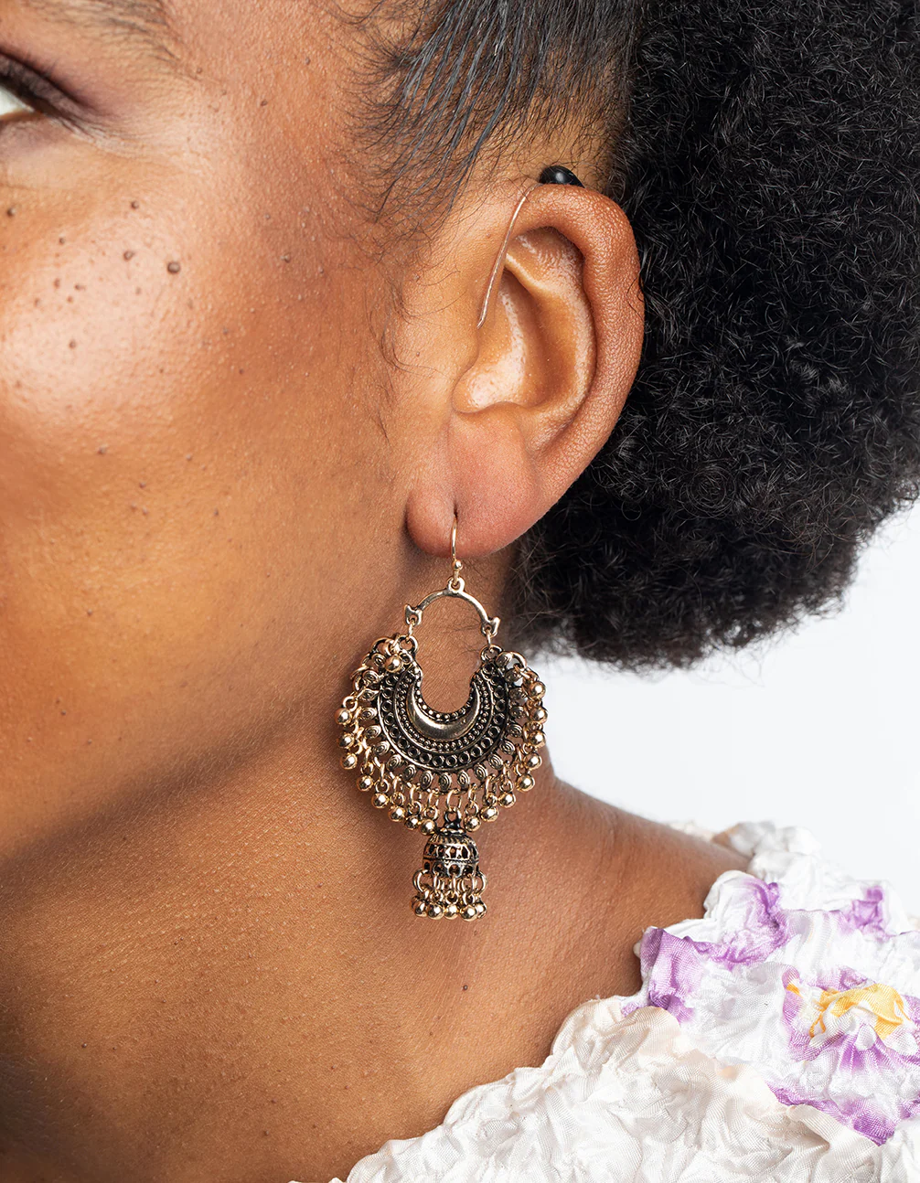 Antique Yellow Gold Toned Beaded Drop Jhumka Earrings - Image 2