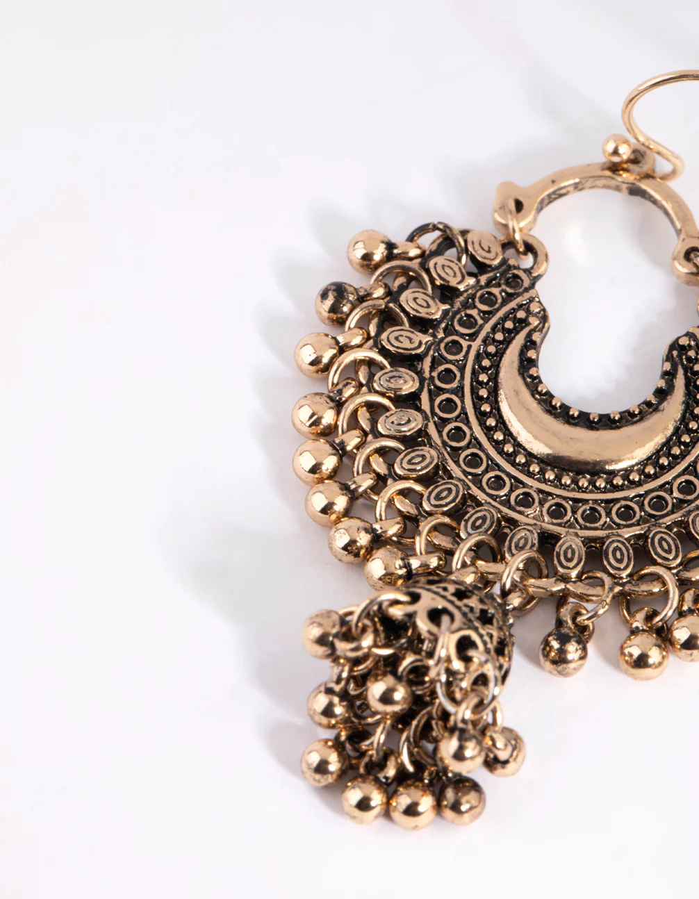 Antique Yellow Gold Toned Beaded Drop Jhumka Earrings - Image 3