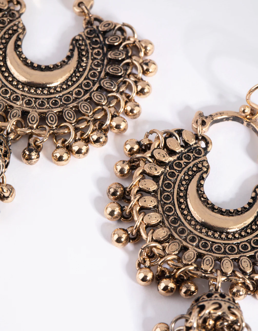 Antique Yellow Gold Toned Beaded Drop Jhumka Earrings - Image 4