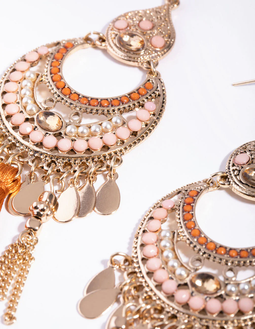 Gold Beaded Orange Tassel Chandbali Drop Earrings - Image 3
