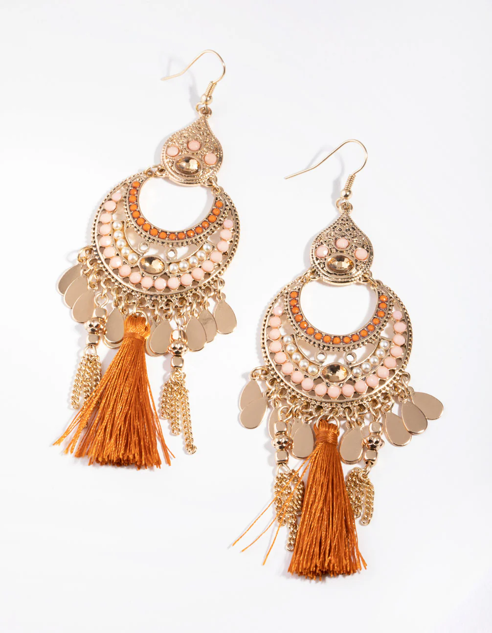 Gold Beaded Orange Tassel Chandbali Drop Earrings - Image 4