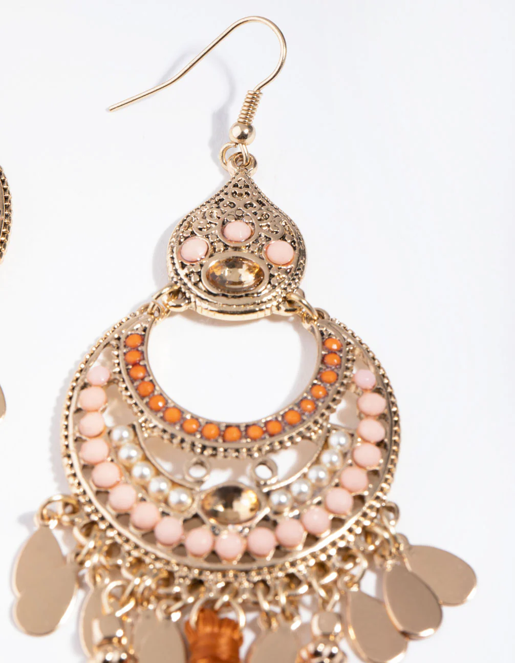 Gold Beaded Orange Tassel Chandbali Drop Earrings - Image 6
