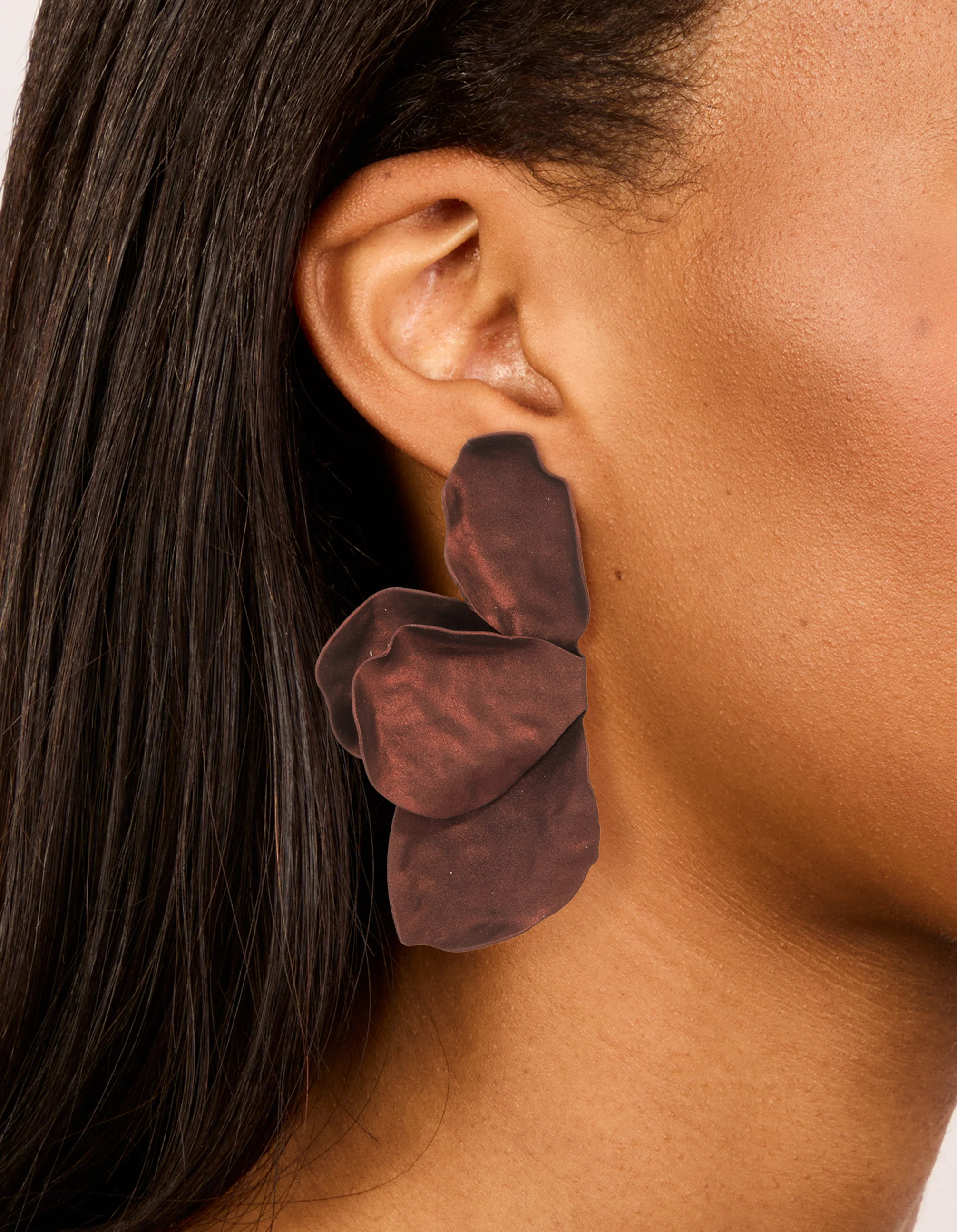 Brown Coated Metal Flower Petal Drop Earrings - Image 4