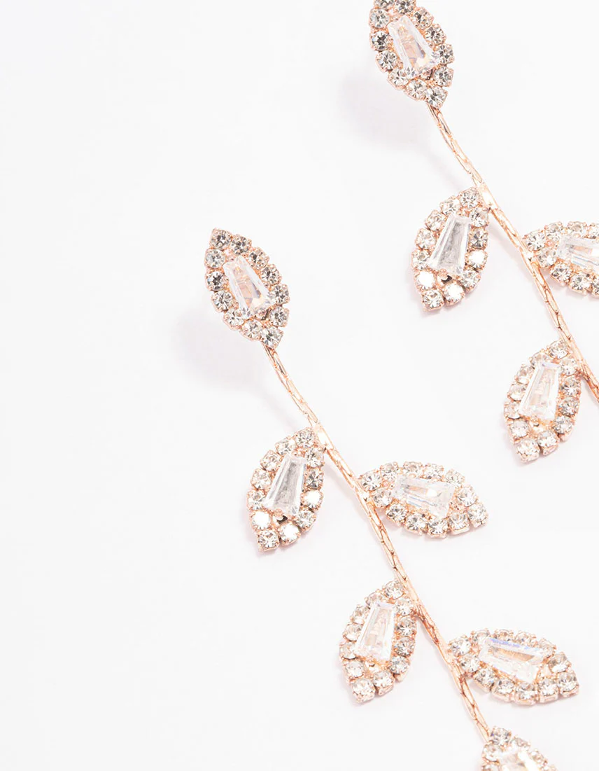Rose Gold Diamante Leaf Drop Earrings - Image 2