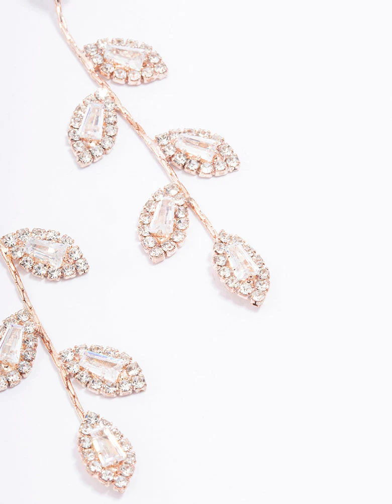 Rose Gold Diamante Leaf Drop Earrings - Image 3