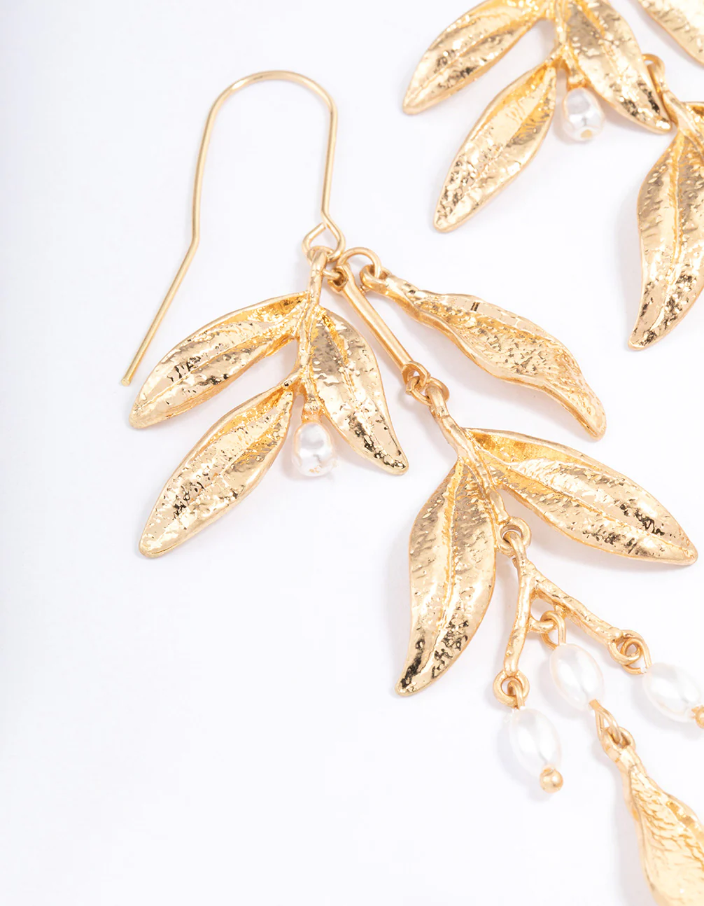 Gold Dainty Leaf & Pearl Drop Earrings - Image 2