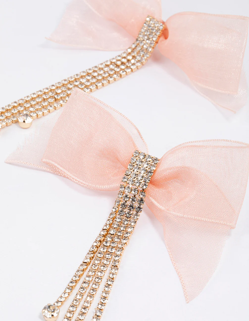 Gold Fabric Bow Diamante Drop Earrings - Image 2