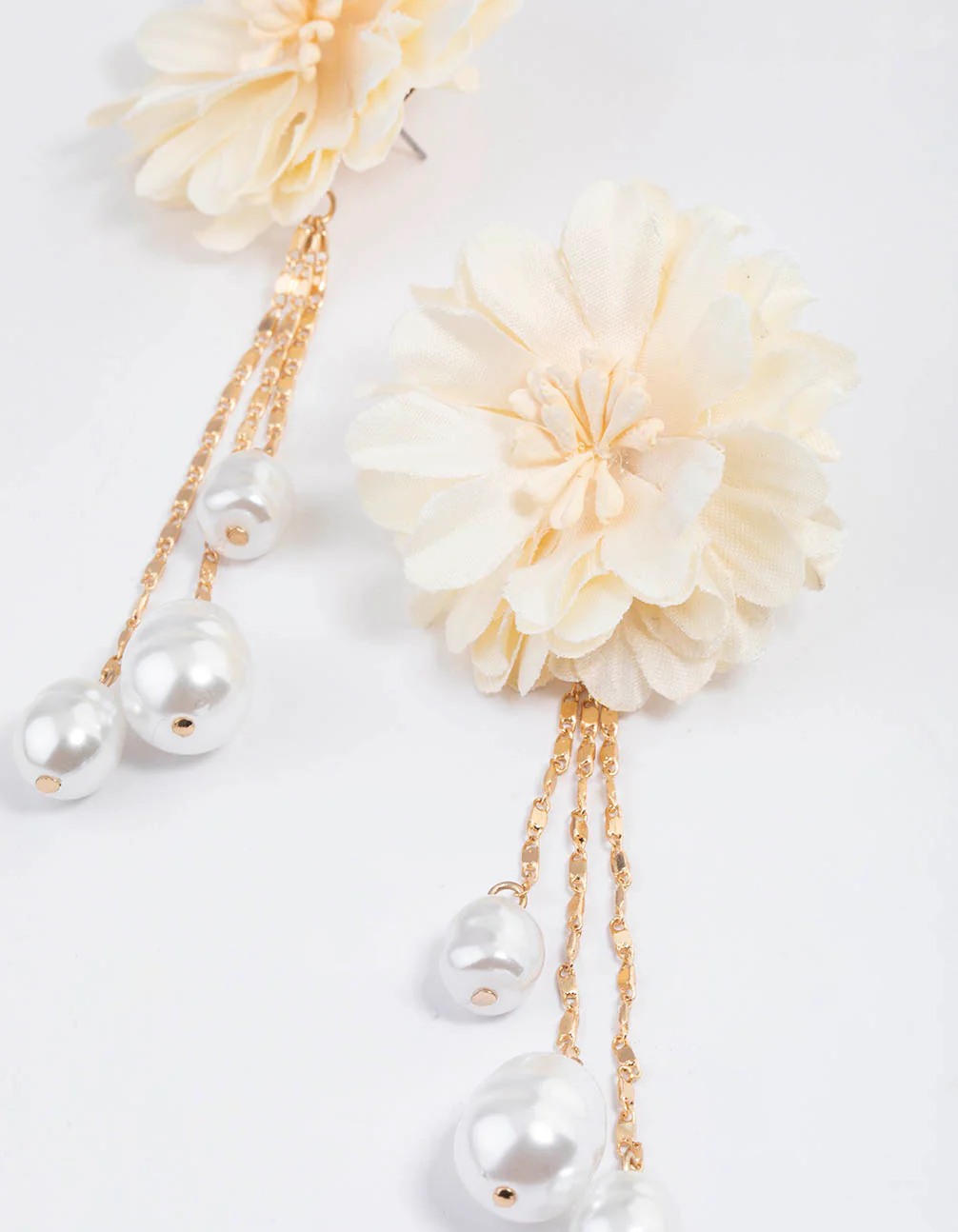 Gold Fabric Flower Pearly Drop Earrings - Image 2