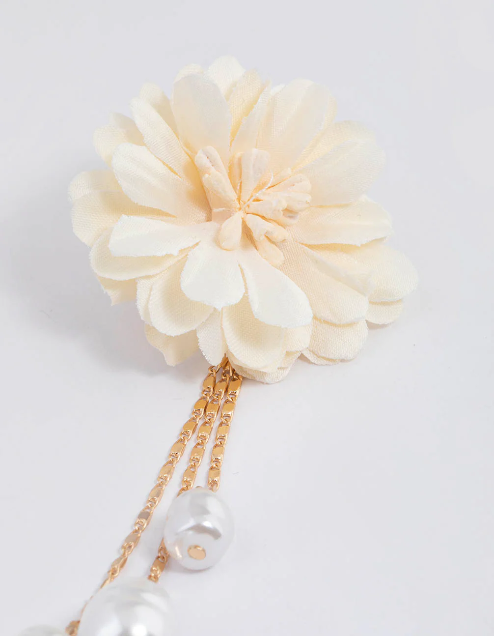 Gold Fabric Flower Pearly Drop Earrings - Image 3