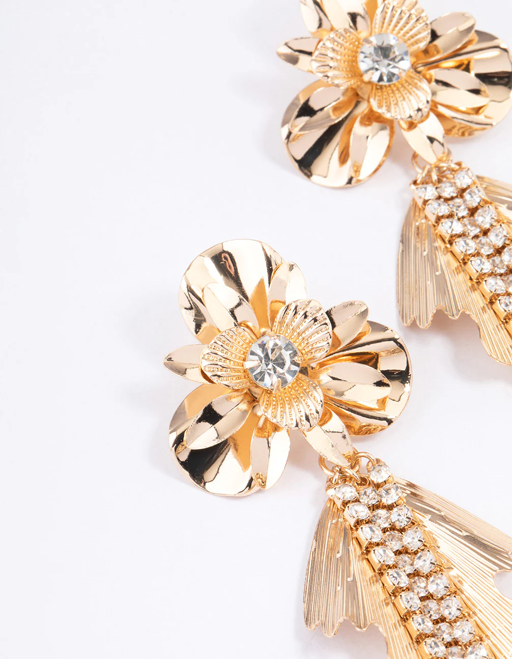 Gold Flower Petal Cupchain Drop Earrings - Image 2