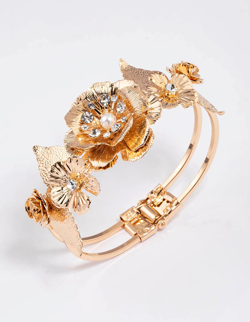 Gold Statement Diamante Flower Bangle - Image 2