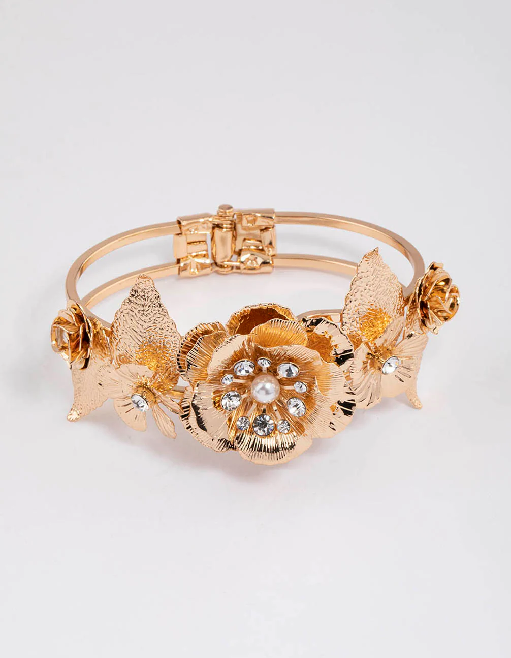 Gold Statement Diamante Flower Bangle - Image 3