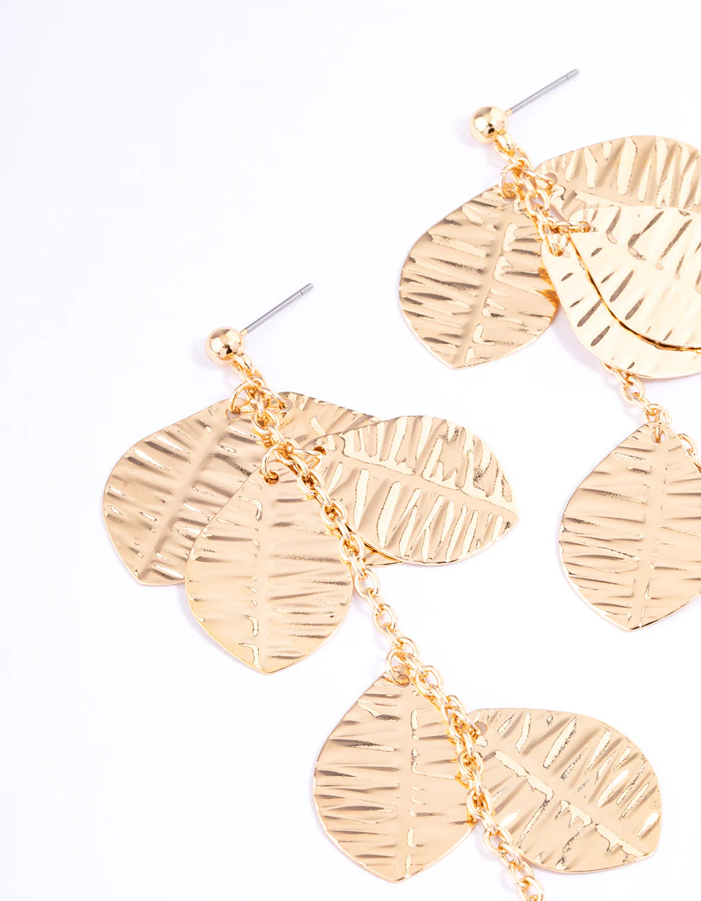 Gold Textured Layered Leaf Drop Earrings - Image 2