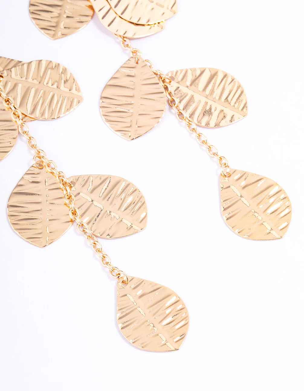 Gold Textured Layered Leaf Drop Earrings - Image 3