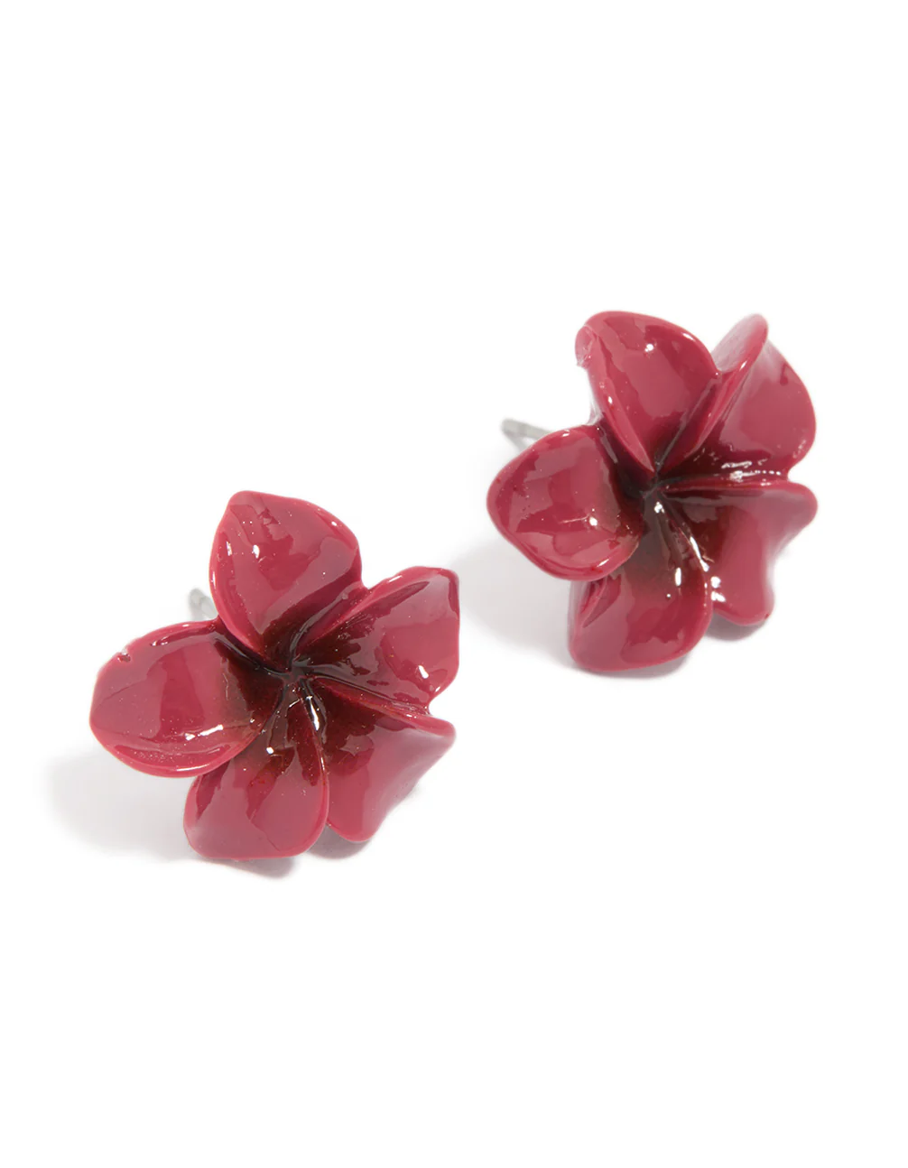 Burgundy Acrylic Frangipani Flower Stud Earrings - Image 2