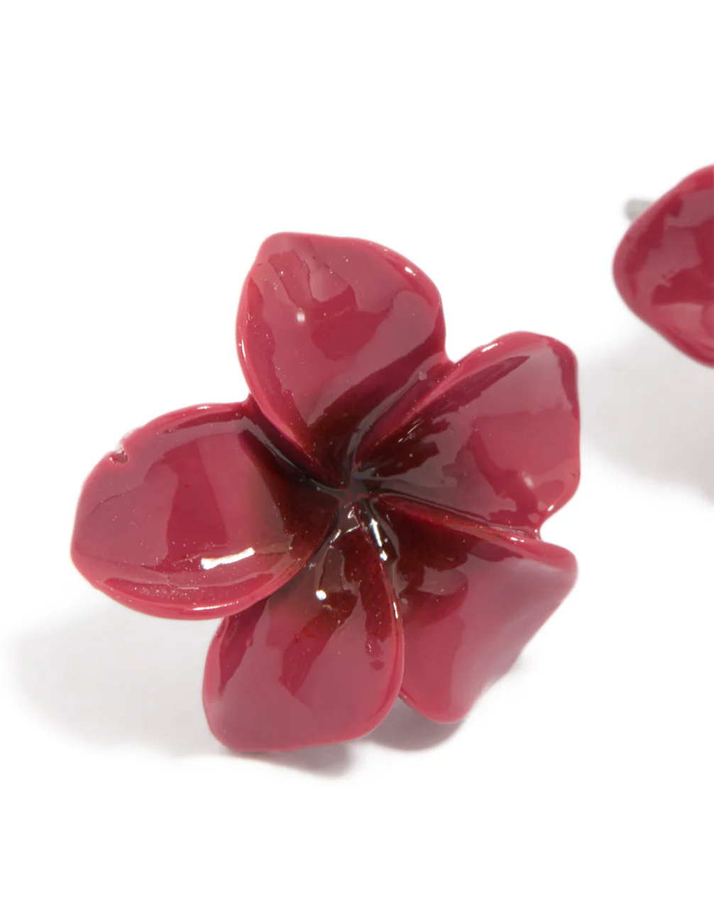 Burgundy Acrylic Frangipani Flower Stud Earrings - Image 3