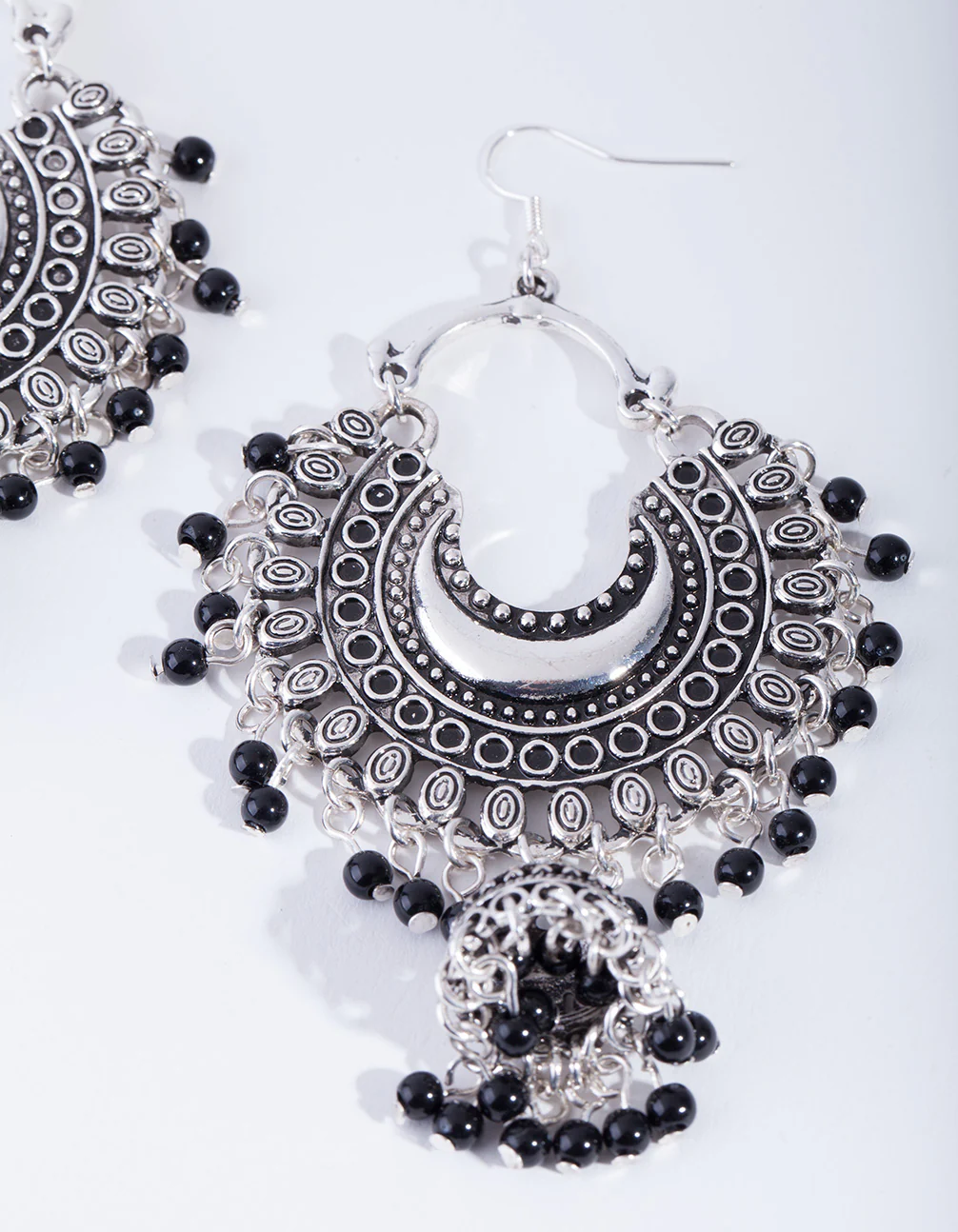 Antique Silver Black Beaded Drop Jhumka Earrings - Image 2