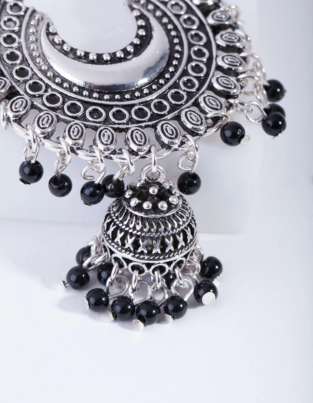 Antique Silver Black Beaded Drop Jhumka Earrings - Image 3