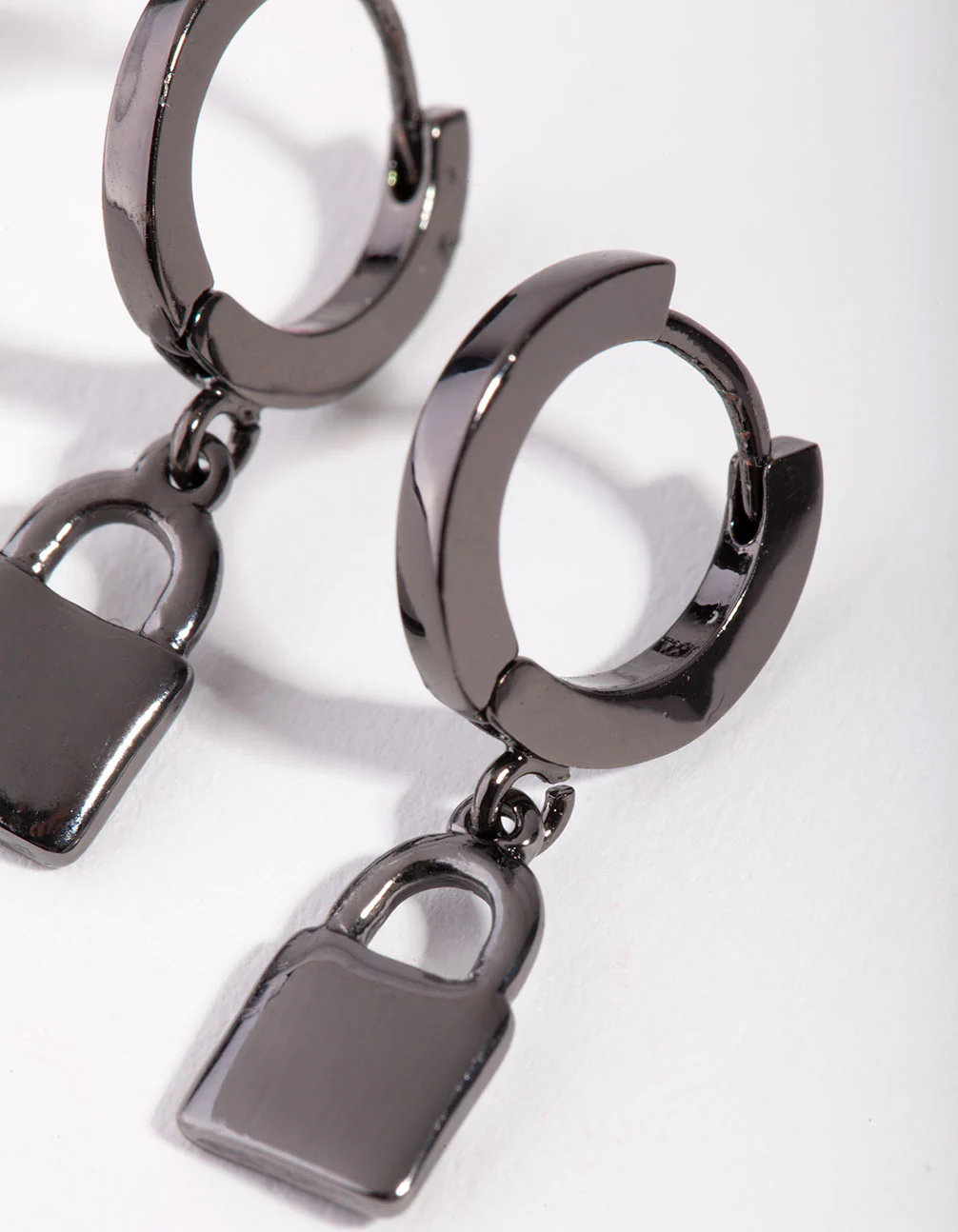Gun Metal Padlock Huggie Earrings - Image 2