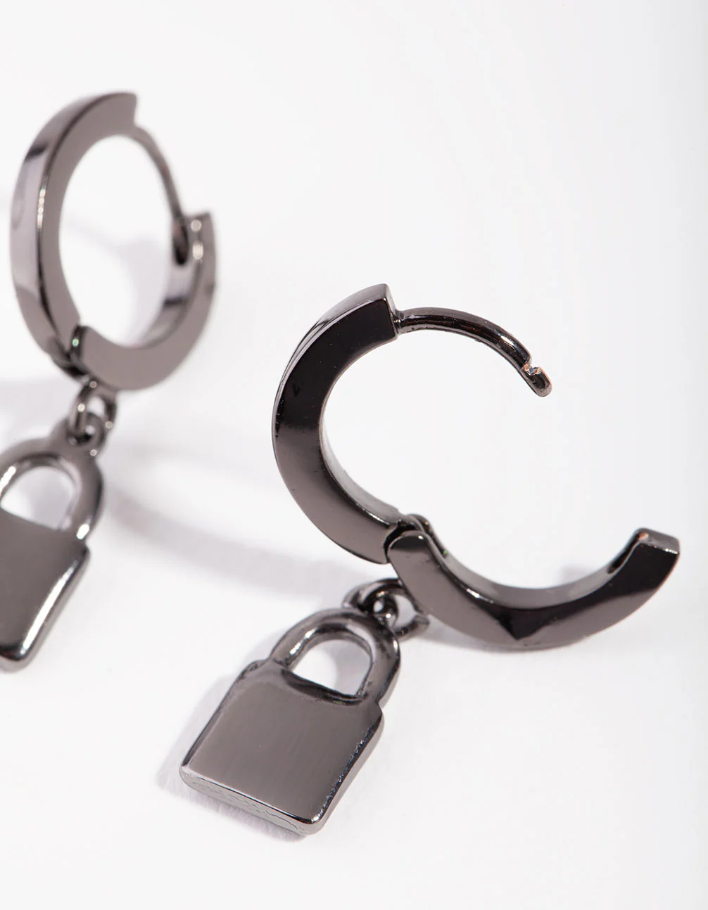 Gun Metal Padlock Huggie Earrings - Image 3