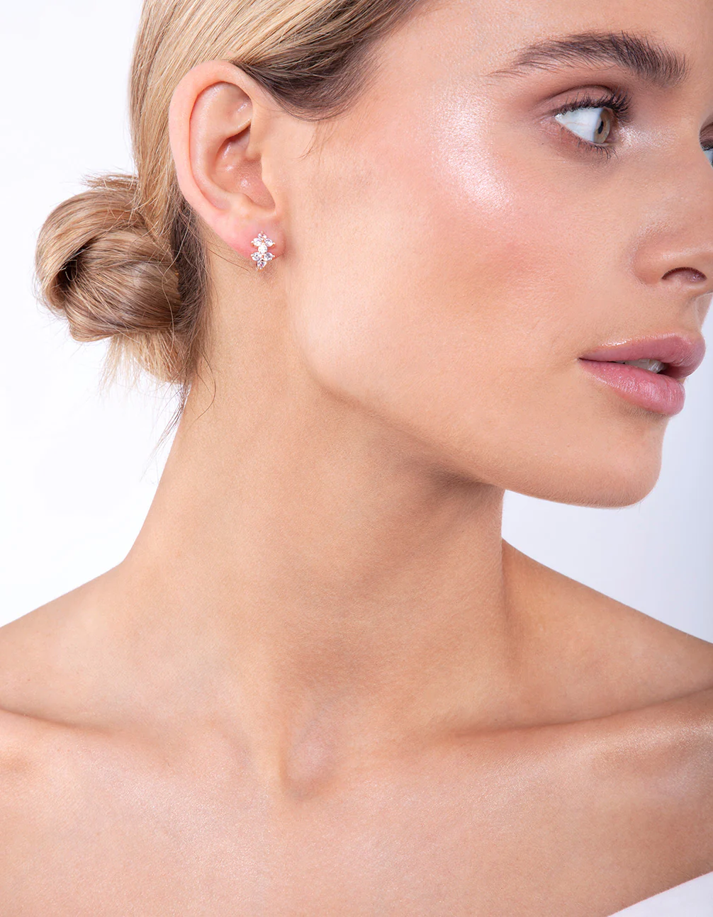 Rose Gold Double Flower Huggie Earrings - Image 2