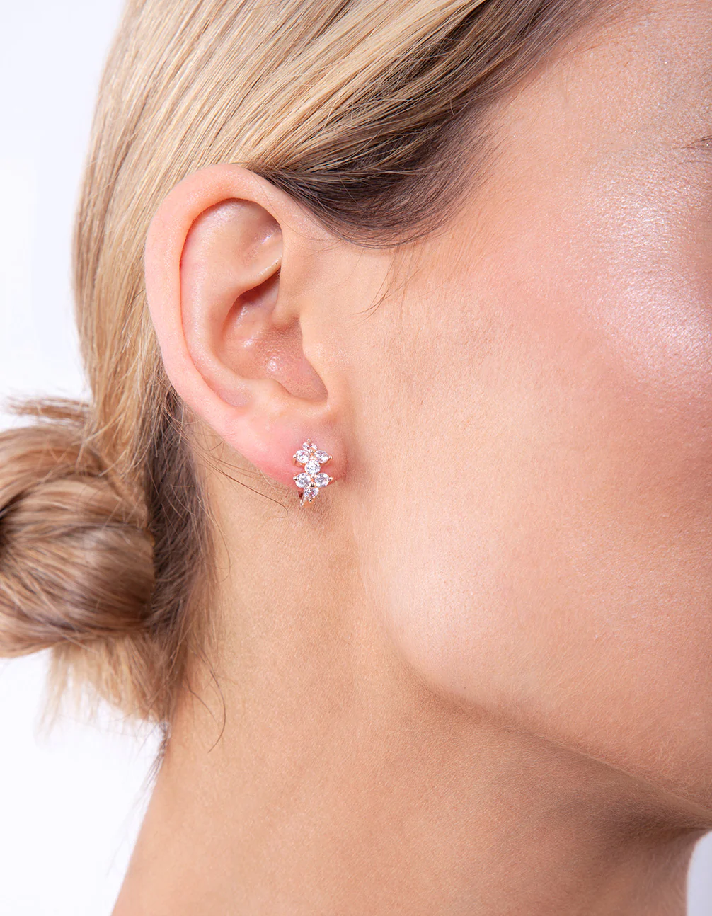 Rose Gold Double Flower Huggie Earrings - Image 3