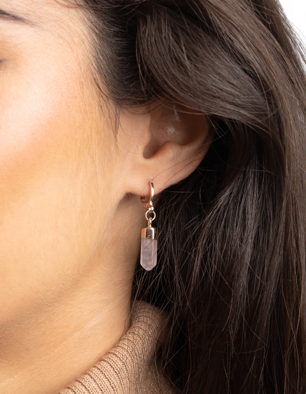 Rose Quartz Huggie Hoop Earrings - Image 2