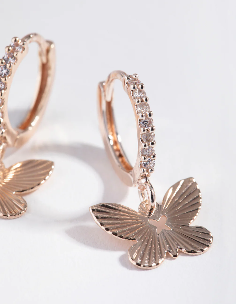 Rose Gold Textured Butterfly Diamante Earrings - Image 2