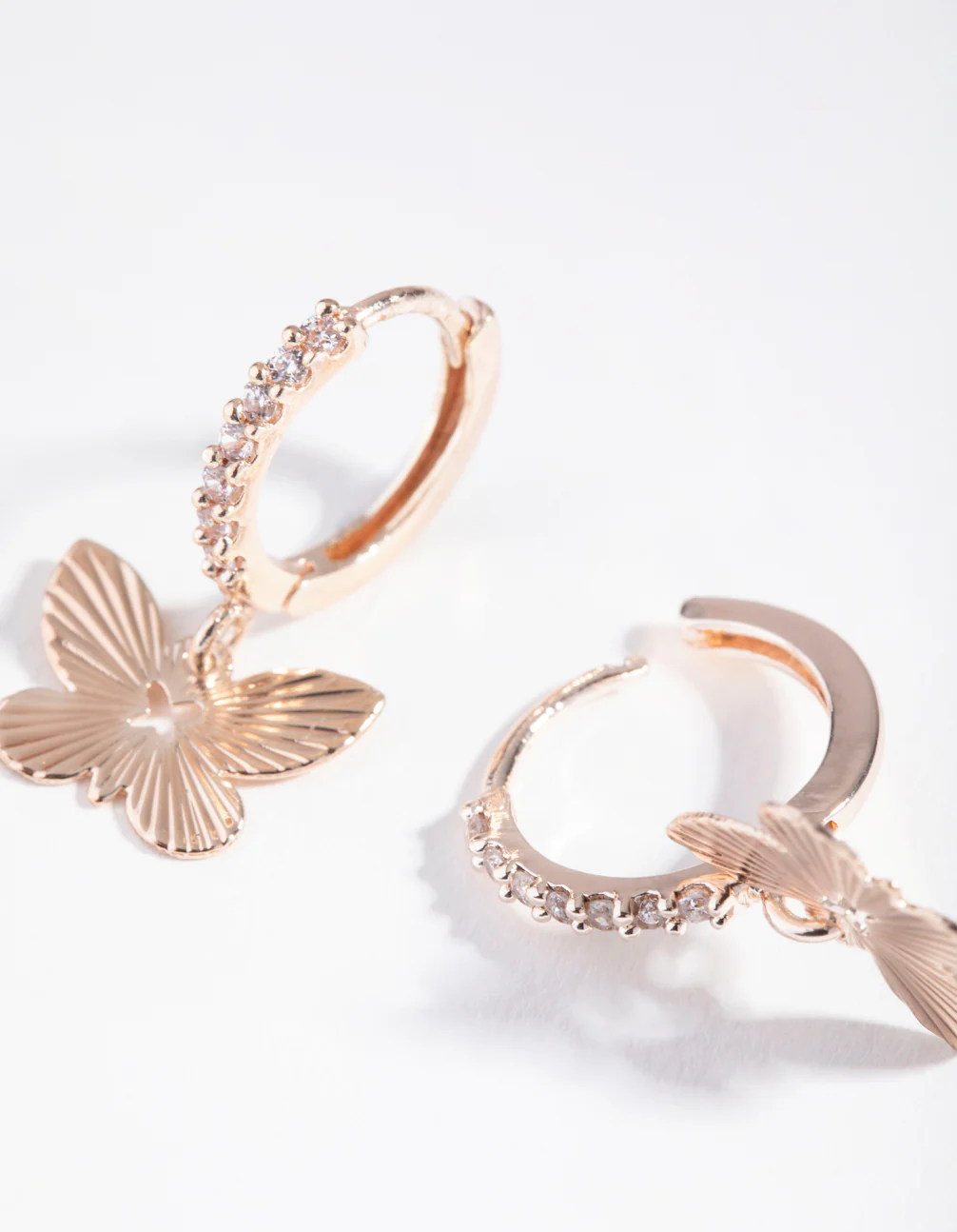 Rose Gold Textured Butterfly Diamante Earrings - Image 3