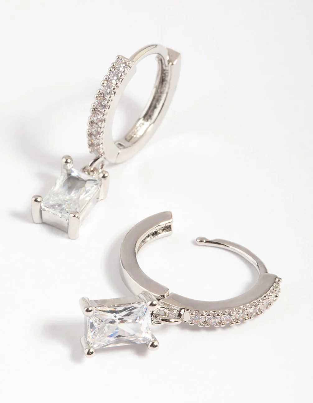 Silver Rectangular Cubic Zirconia Huggie Hoop Earrings - Image 3