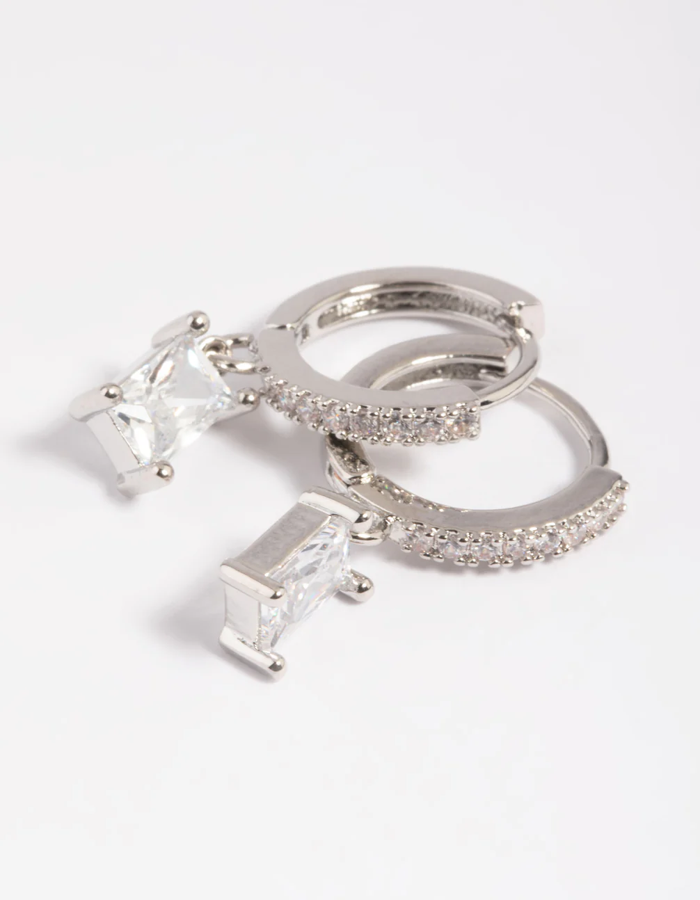 Silver Rectangular Cubic Zirconia Huggie Hoop Earrings - Image 4