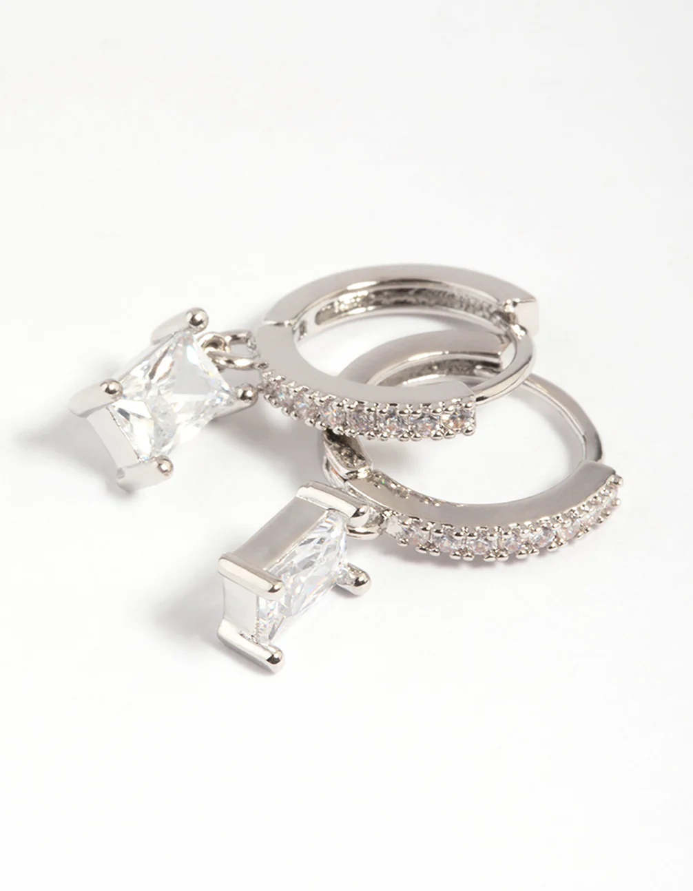 Silver Rectangular Cubic Zirconia Huggie Hoop Earrings - Image 5
