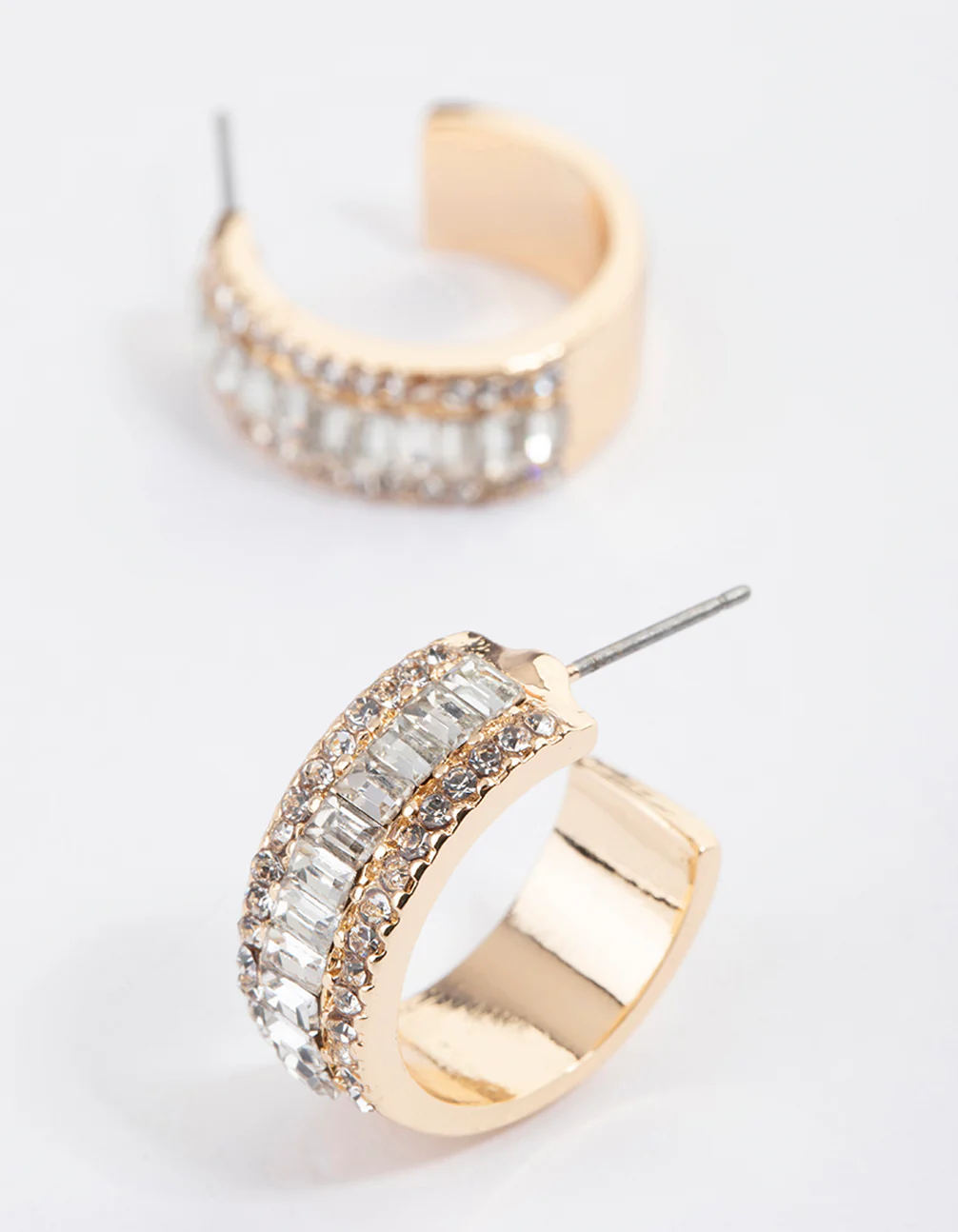 Gold Baguette Diamante Small Hoop Earrings - Image 2