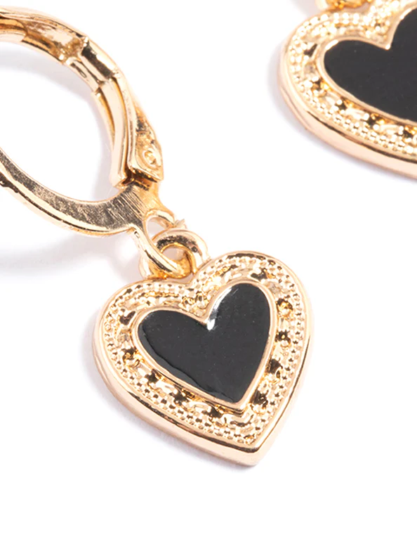 Black Enamel Heart Huggie Earrings - Image 4
