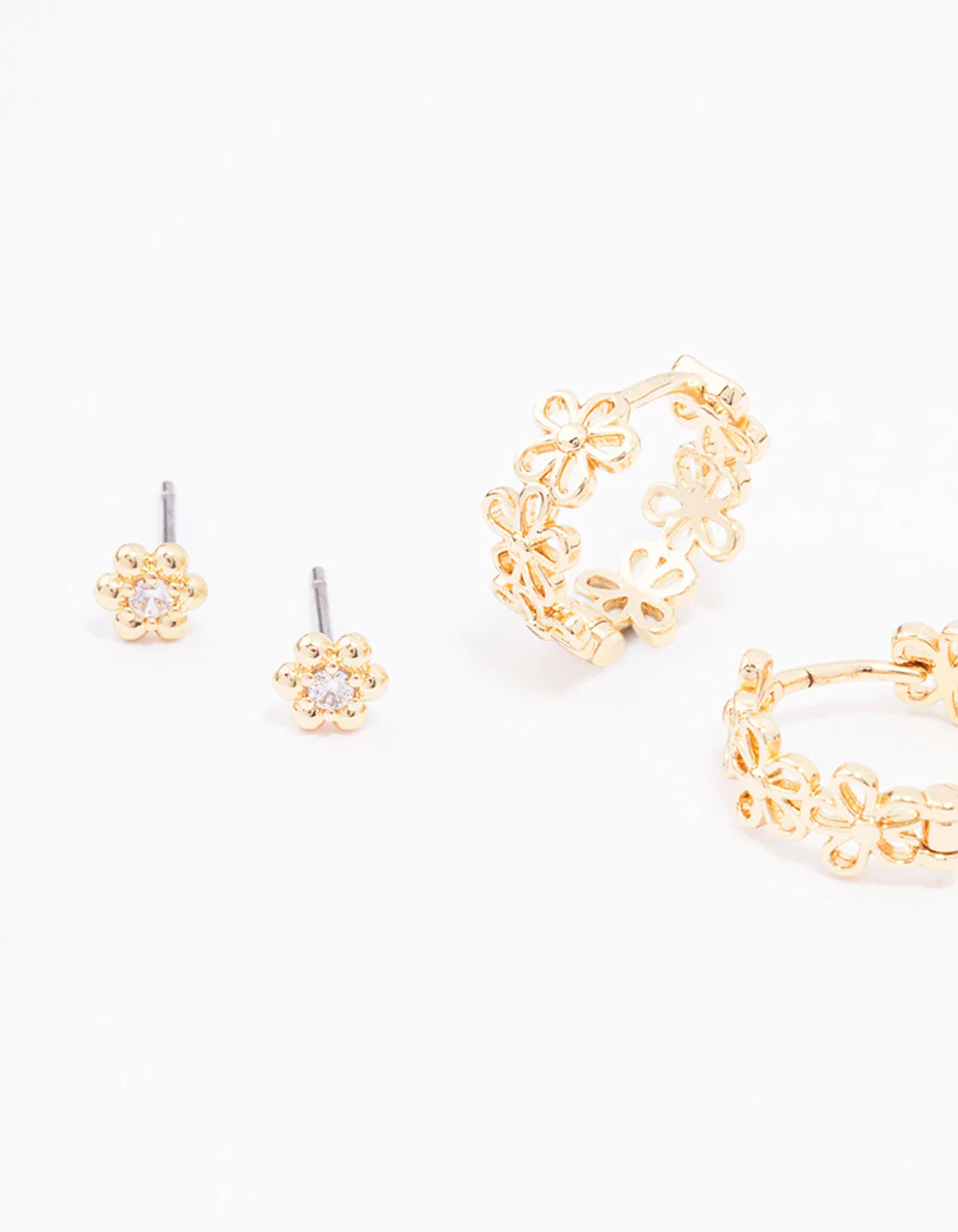 Gold Cubic Zirconia Mixed Flower & Ball Earrings 3-Pack - Image 2