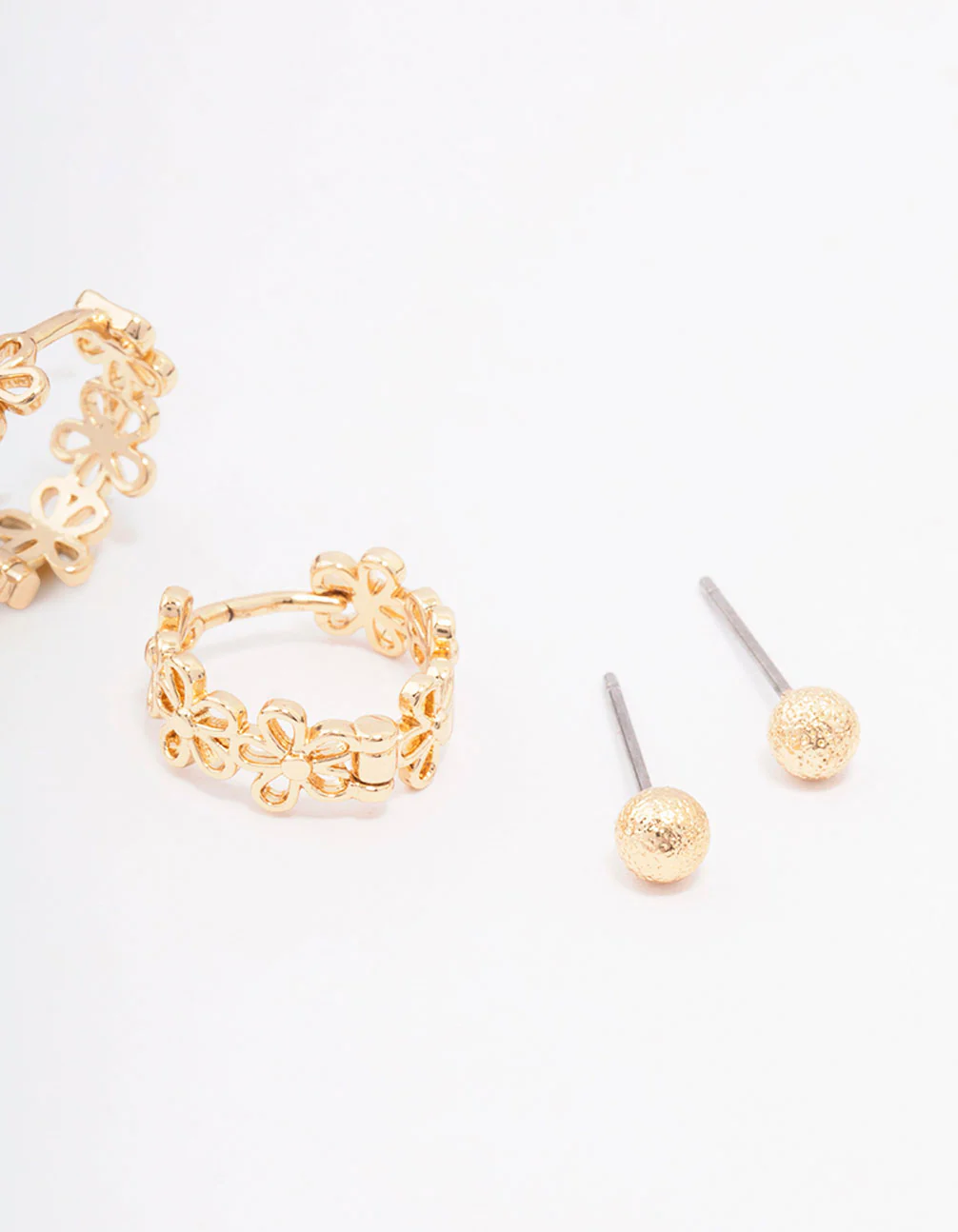 Gold Cubic Zirconia Mixed Flower & Ball Earrings 3-Pack - Image 3