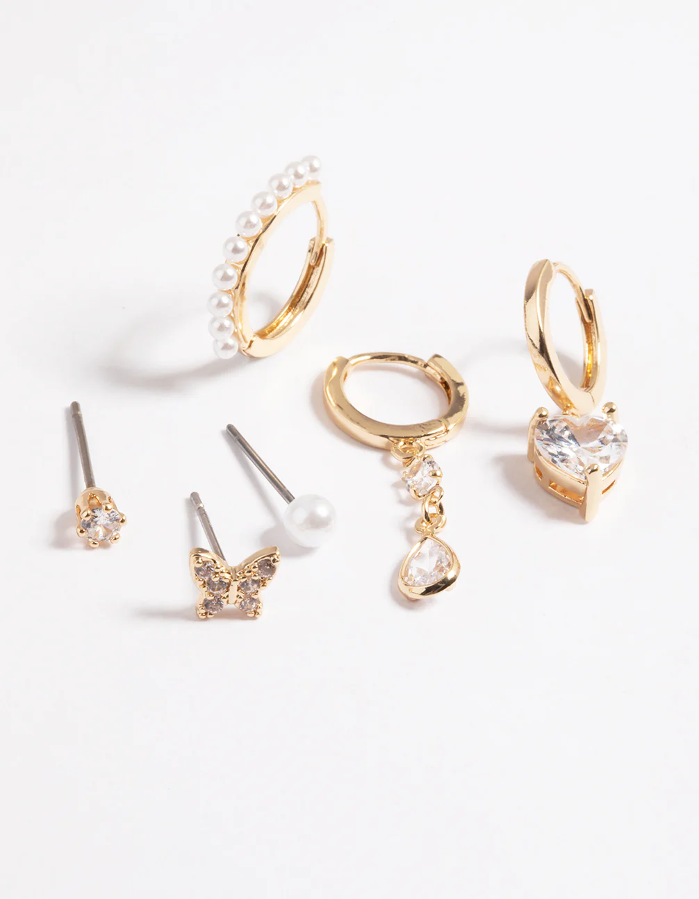 Gold Cubic Zirconia & Pearl Butterfly 6-Pack Earrings