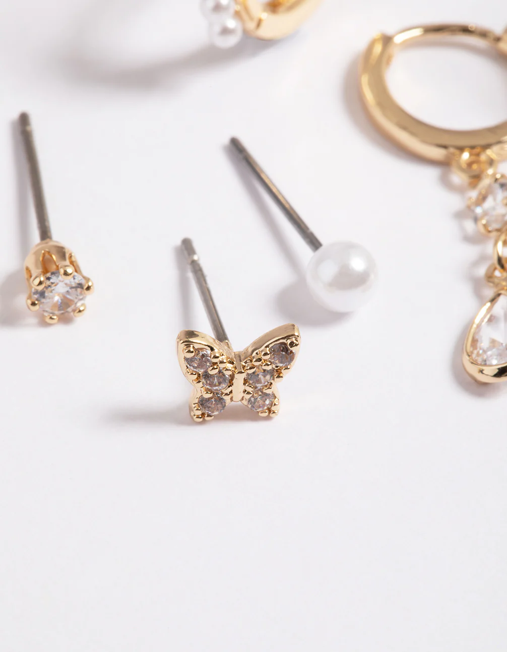 Gold Cubic Zirconia & Pearl Butterfly 6-Pack Earrings - Image 3