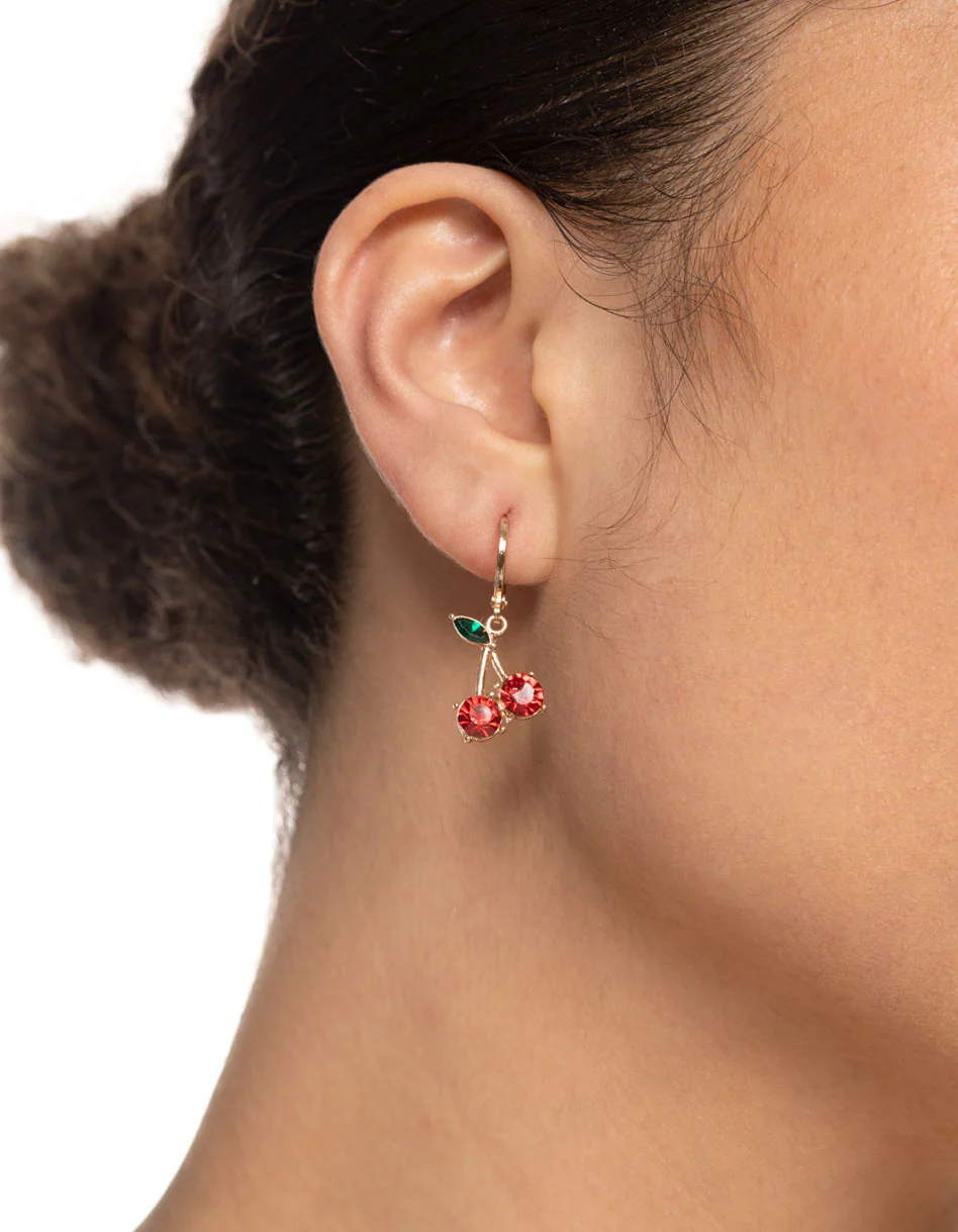Gold Diamante Cherry Medium Huggie Earrings - Image 2