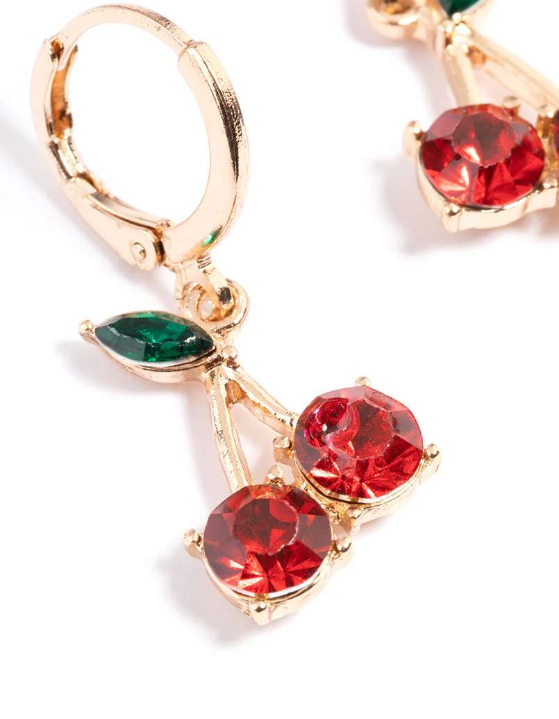 Gold Diamante Cherry Medium Huggie Earrings - Image 4